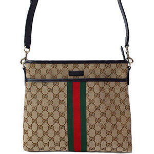 Gucci GG Monogram Brown Web Flat Messenger Bag red green web